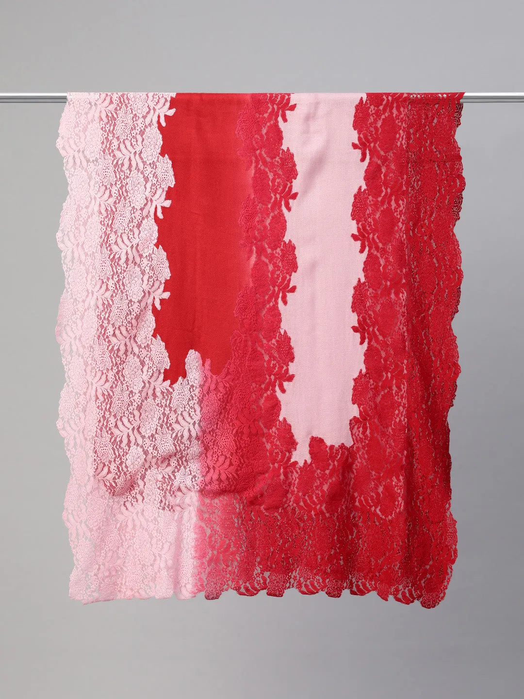 Red  Pink Ombre with  Lace Fine Wool Shawl