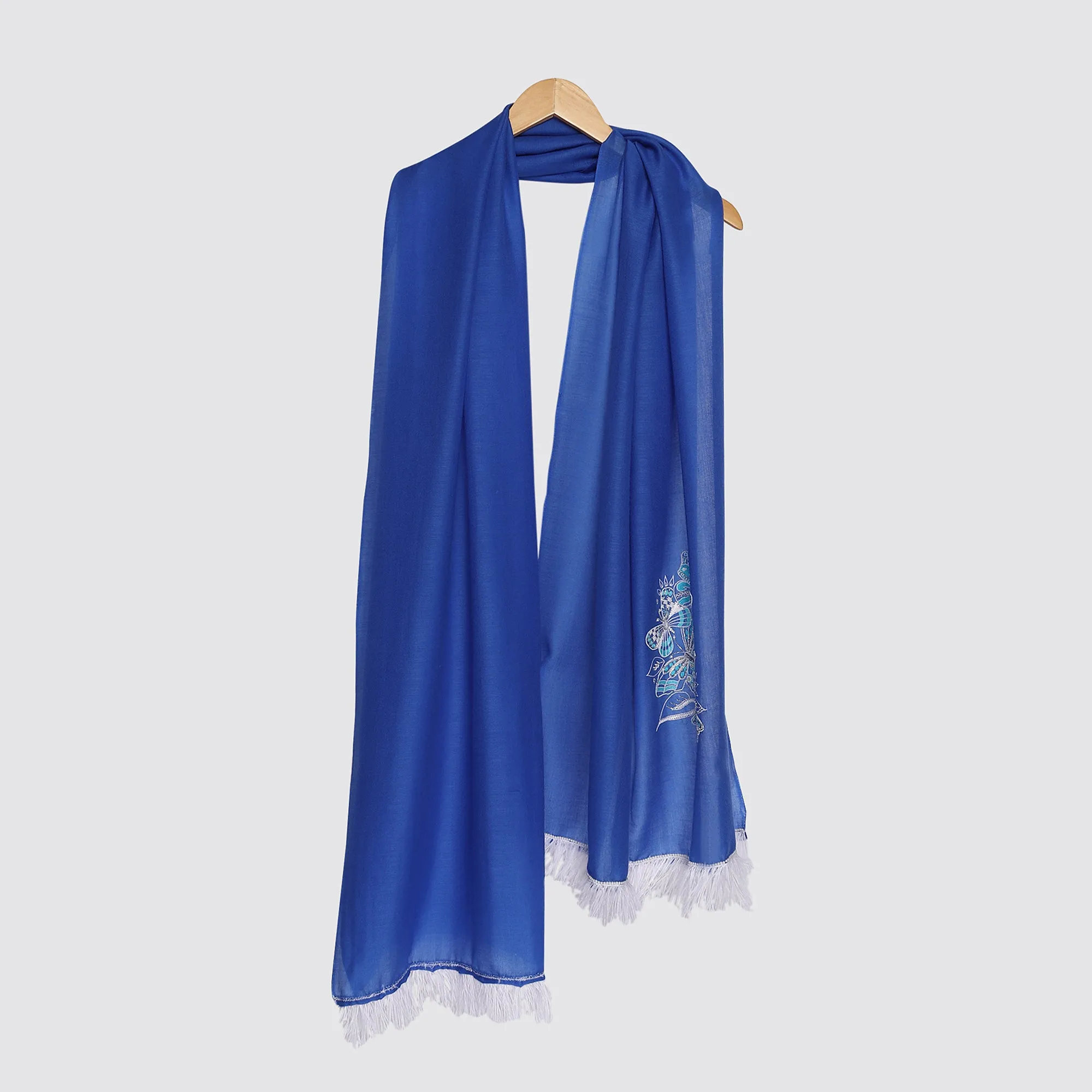 Royal Blue Pure Pashmina Shawl with White Butterflies & Feathers