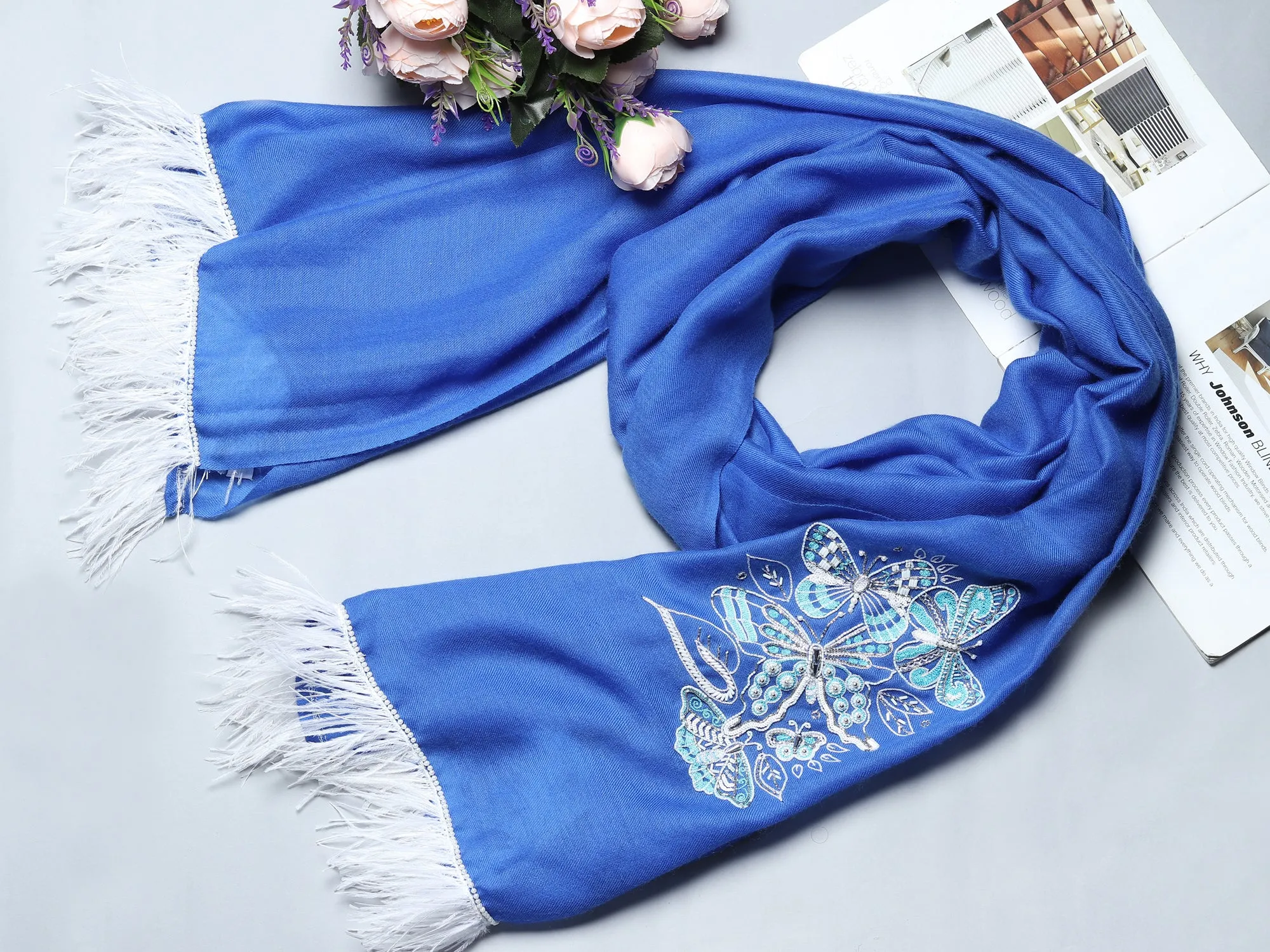 Royal Blue Pure Pashmina Shawl with White Butterflies & Feathers