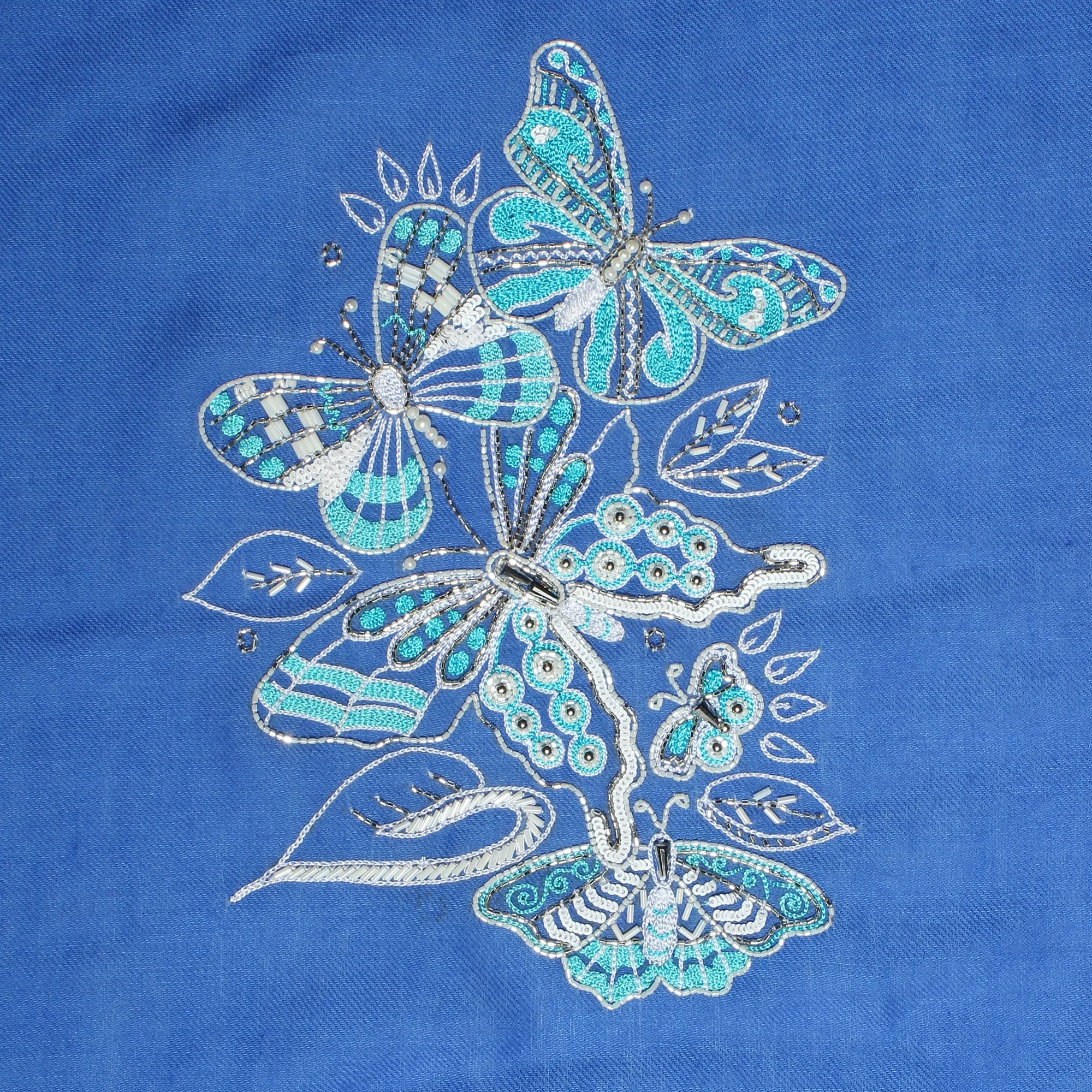 Royal Blue Pure Pashmina Shawl with White Butterflies & Feathers