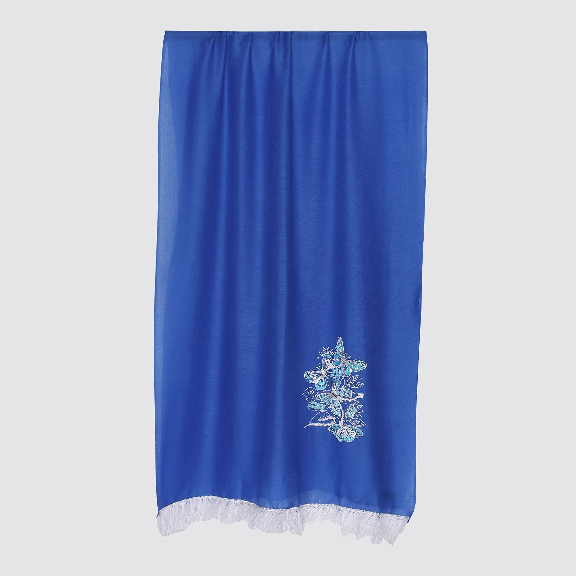 Royal Blue Pure Pashmina Shawl with White Butterflies & Feathers