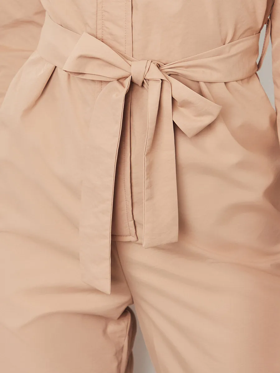 V Neck 3/4 Sleeves Straight Leg Jumpsuit with Placket Detail FD