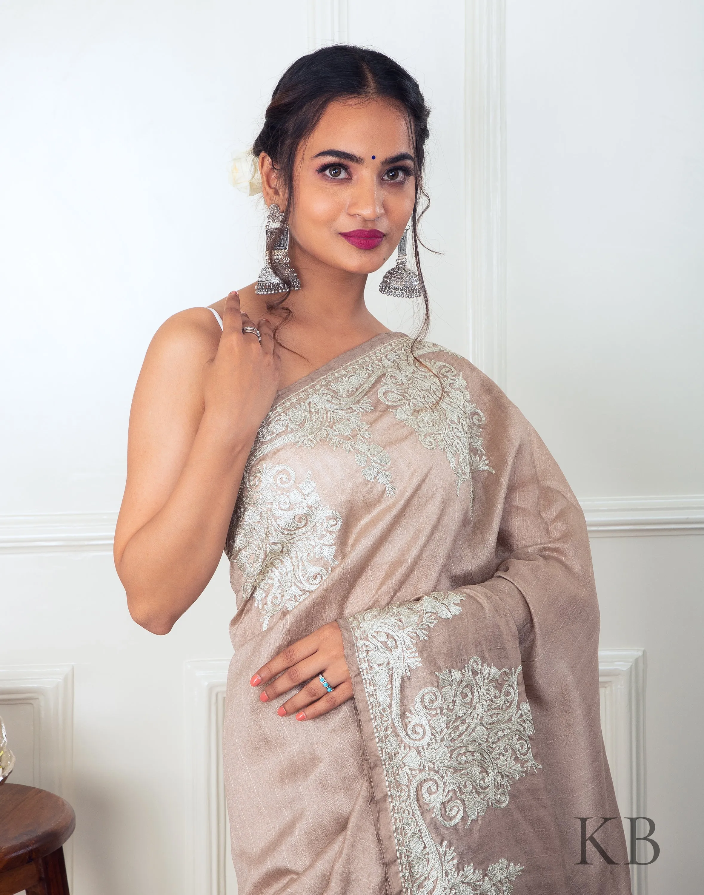 White Zari Border Fawn Silk Saree