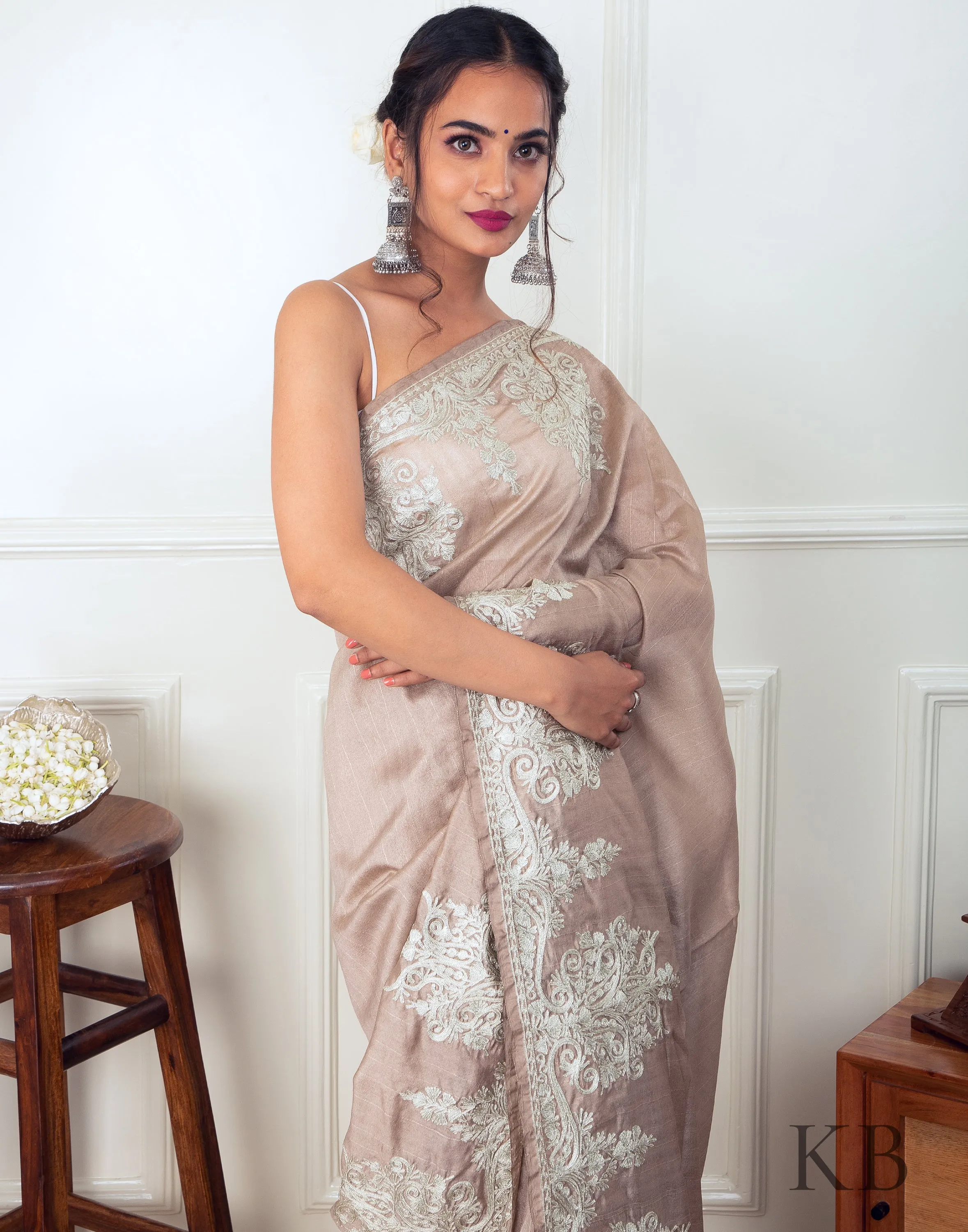White Zari Border Fawn Silk Saree
