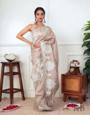 White Zari Border Fawn Silk Saree