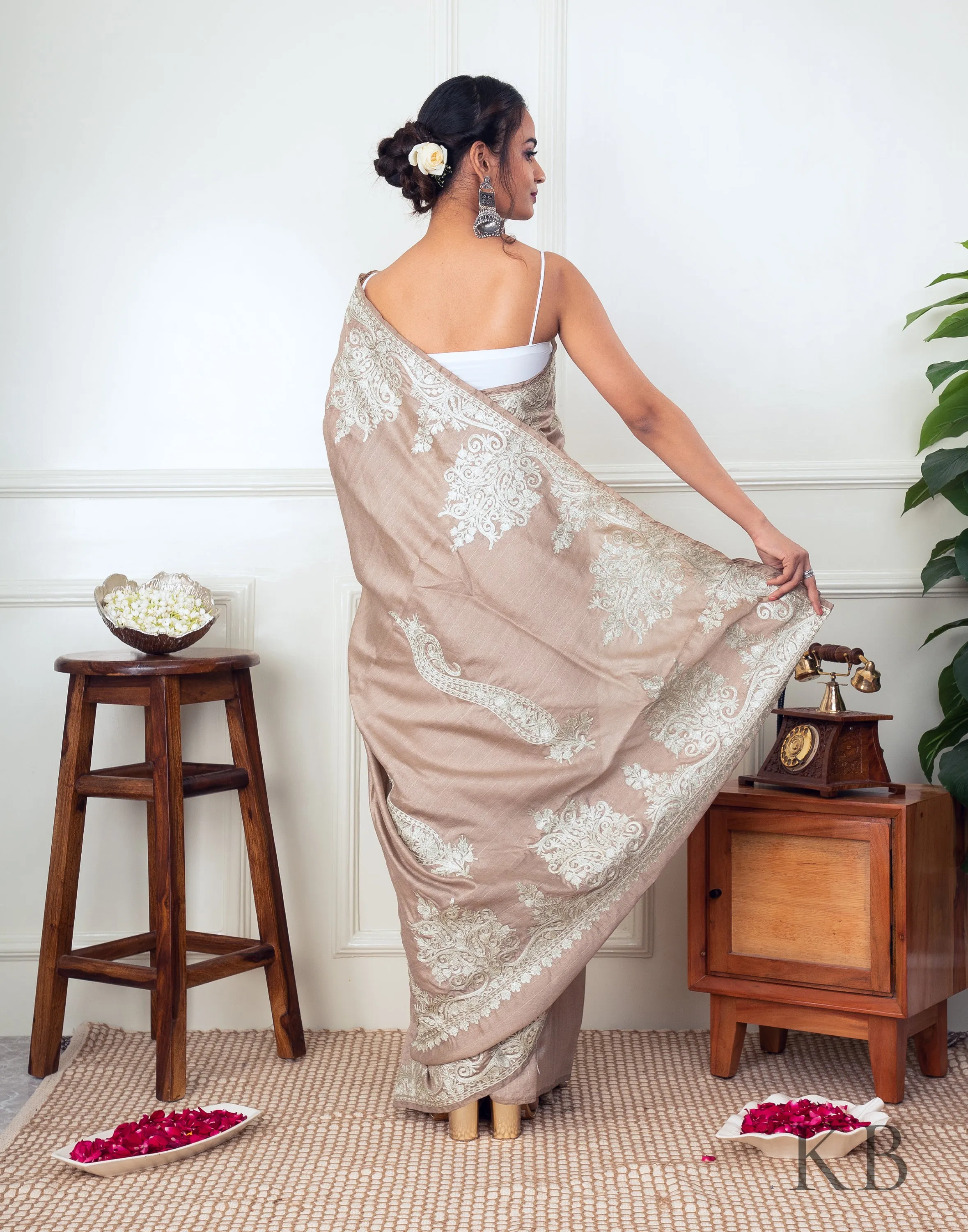 White Zari Border Fawn Silk Saree