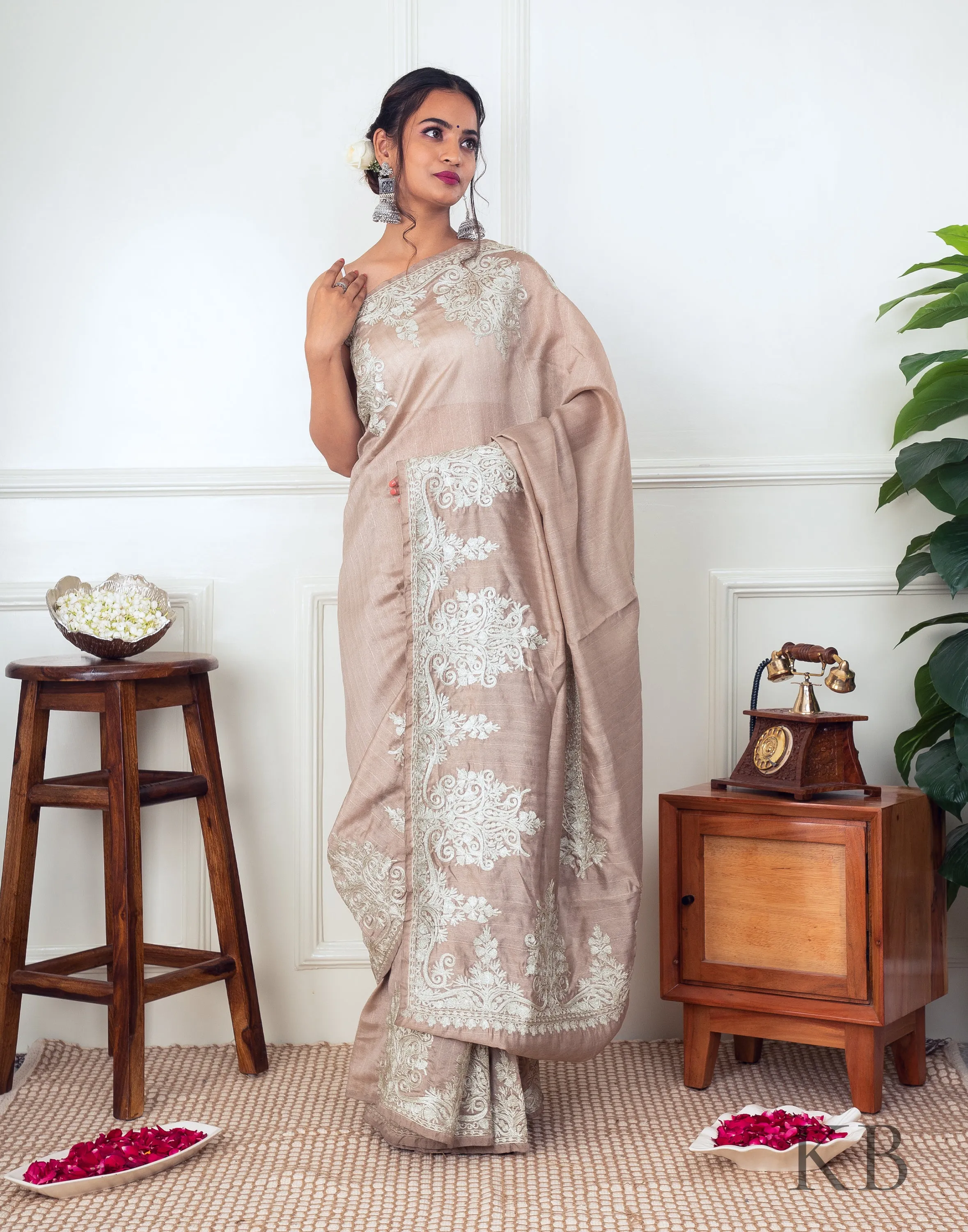 White Zari Border Fawn Silk Saree